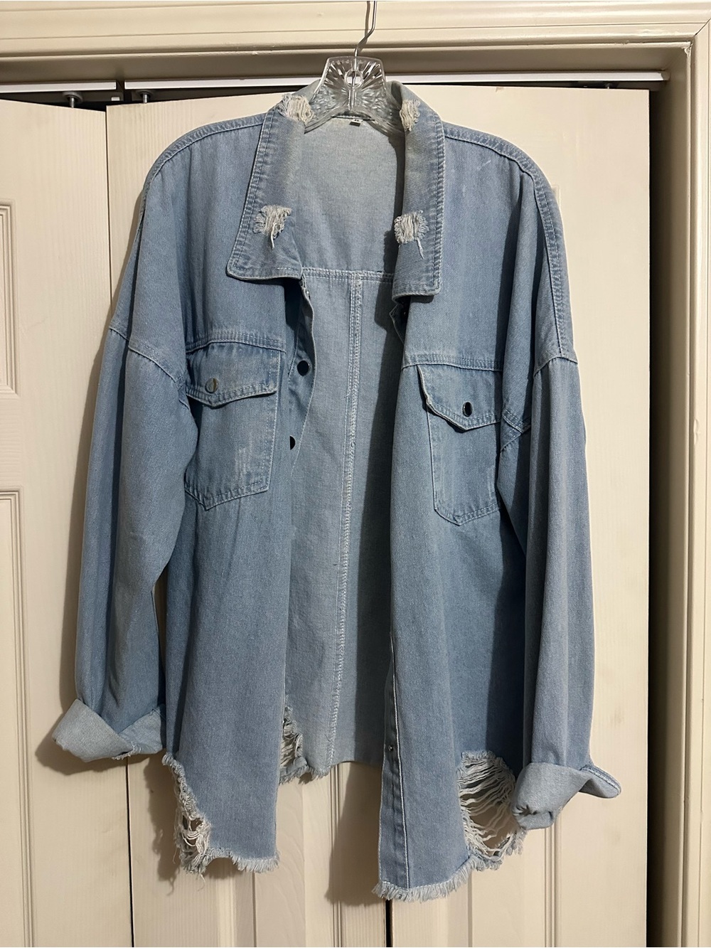 Light Wash Distressed Denim Jacket - Women